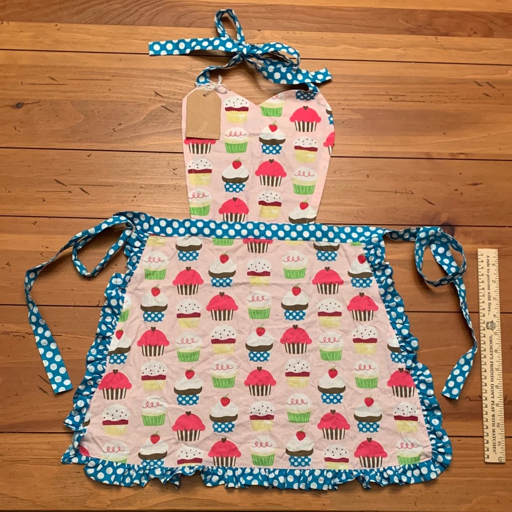 Child’s Cupcake Print Apron with Blue Polka Dots - NWT
